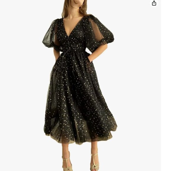 Xijun Women's Sparkly Starry Tulle Puffy Sleeve Prom Dress 8 - Picture 8 of 9